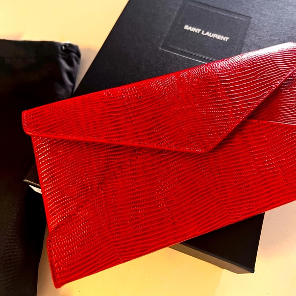 Brand New: Yves Saint Laurent Red Paloma Lizard Embossed Leather Clutch - Picture 4 of 11